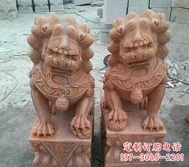 南阳晚霞红传统狮子石雕