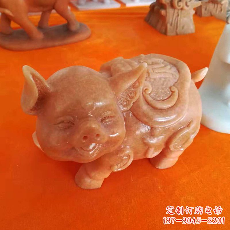 南阳晚霞红大理石招财猪雕塑-企业商场创意生肖动物风水摆件