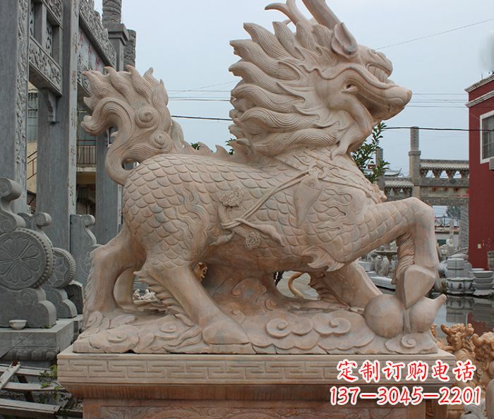 南阳晚霞红古代神兽麒麟石雕