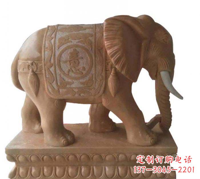 南阳晚霞红吉祥如意大象石雕 (2)