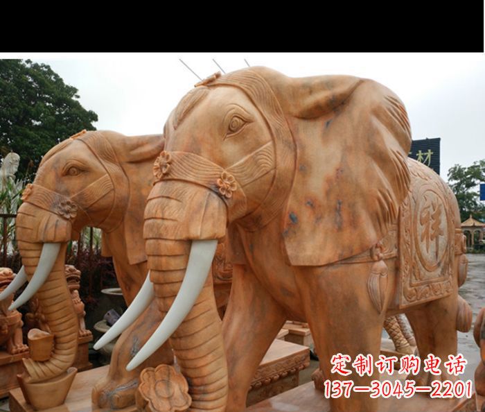 南阳晚霞红吉祥如意门口镇宅招财大象石雕 (3)