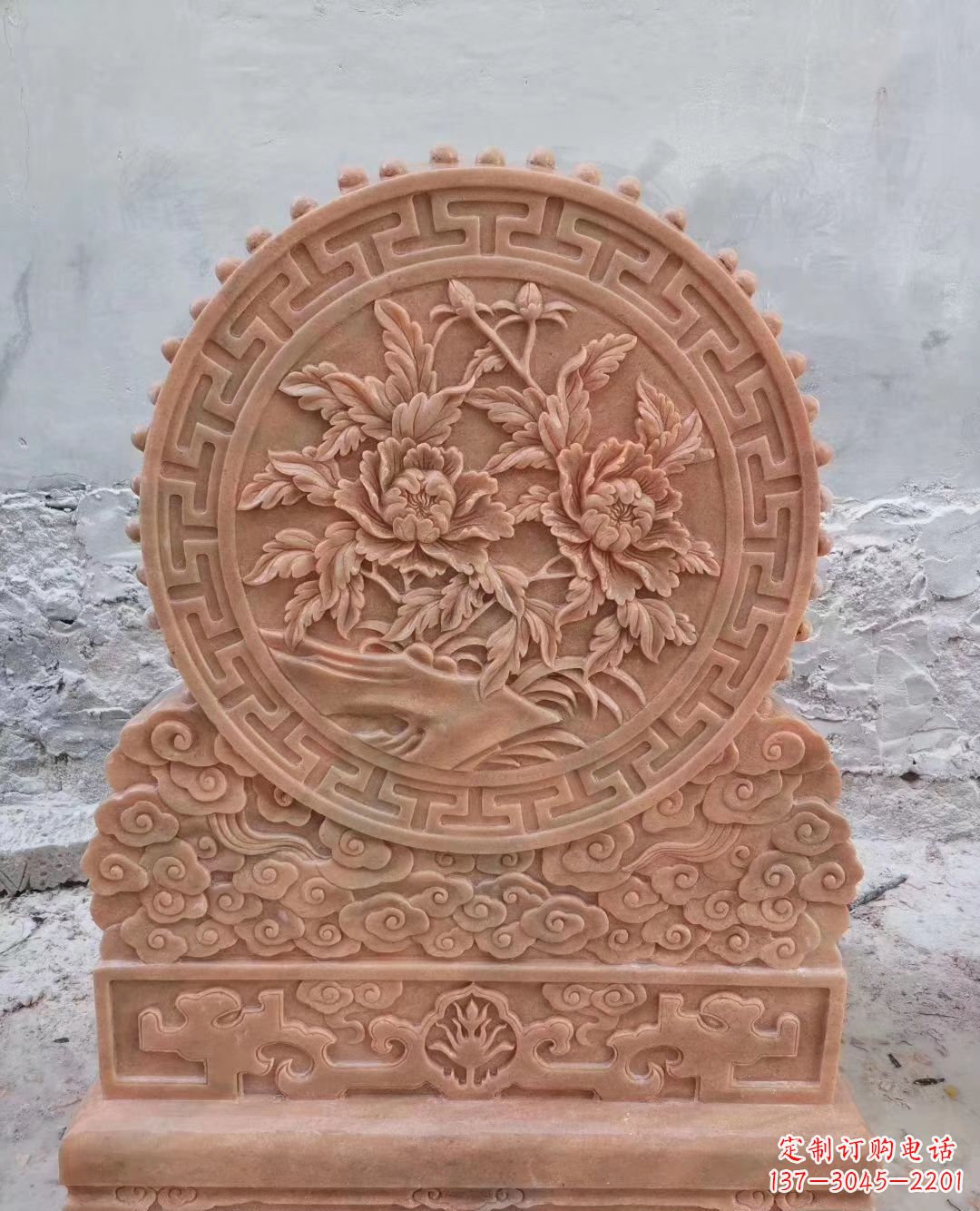 南阳晚霞红牡丹花浮雕石门墩