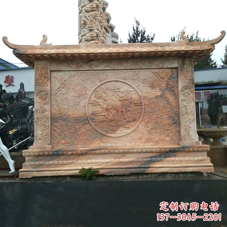 南阳晚霞红麒麟影壁墙石雕