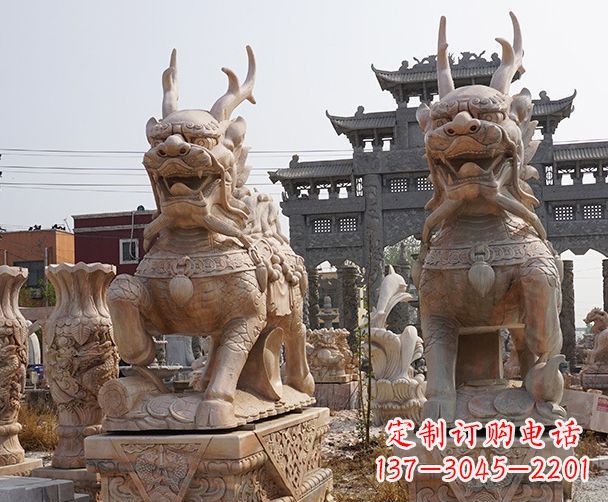 南阳晚霞红瑞兽麒麟石雕 (2)
