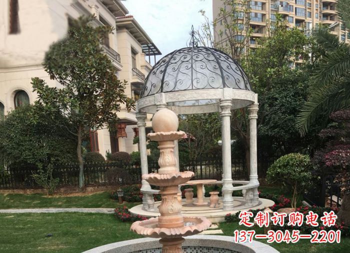 南阳晚霞红三层风水球喷泉小区石雕