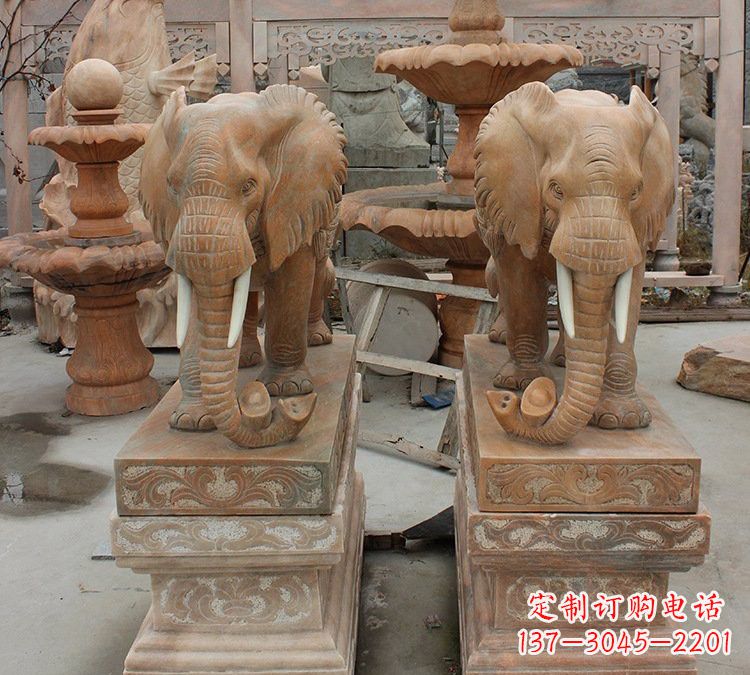 南阳晚霞红石雕元宝大象