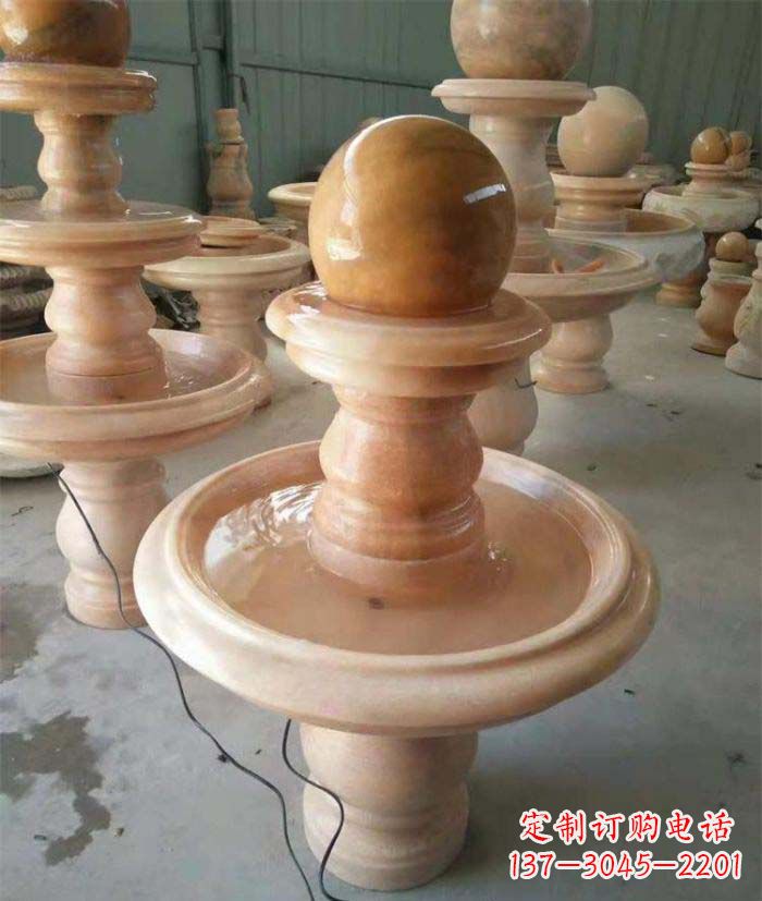 南阳晚霞红双层风水球别墅喷泉石雕