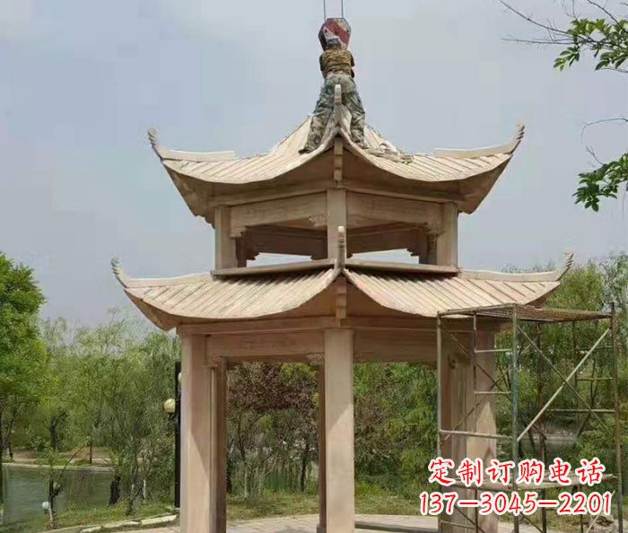 南阳晚霞红双层凉亭石雕 (2)