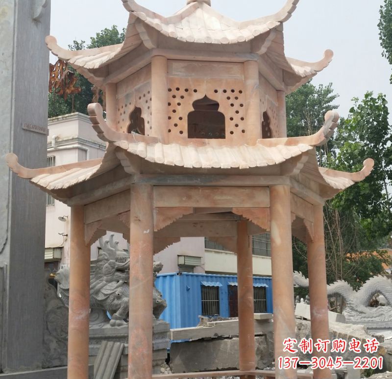 南阳晚霞红双层六角凉亭石雕 (2)