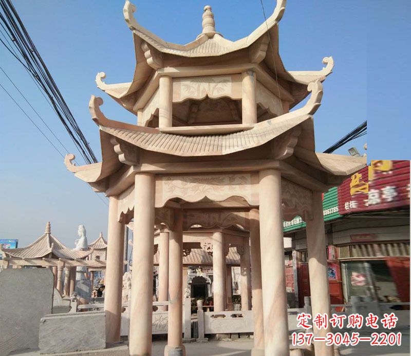 南阳晚霞红双层六角凉亭石雕 (3)