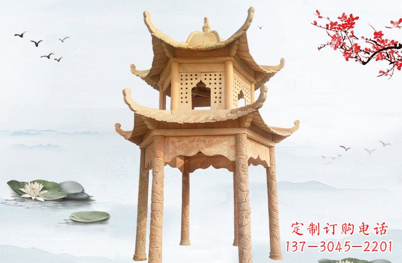 南阳晚霞红双层六角凉亭石雕