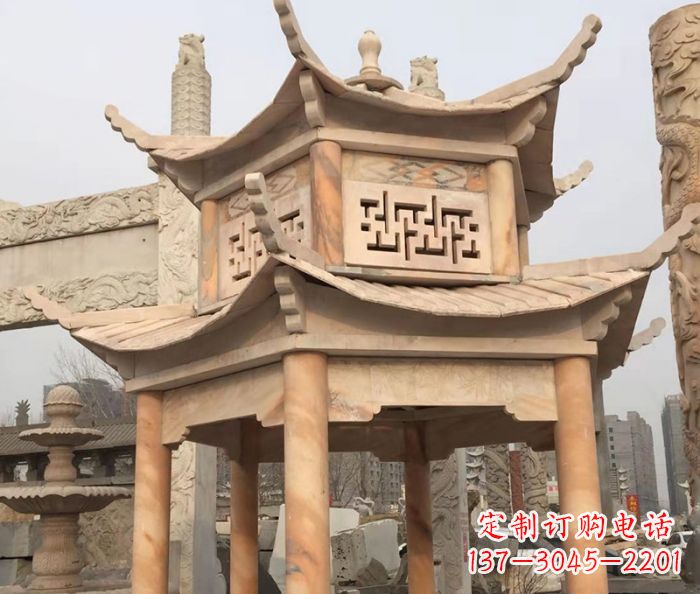 南阳晚霞红双层石雕凉亭
