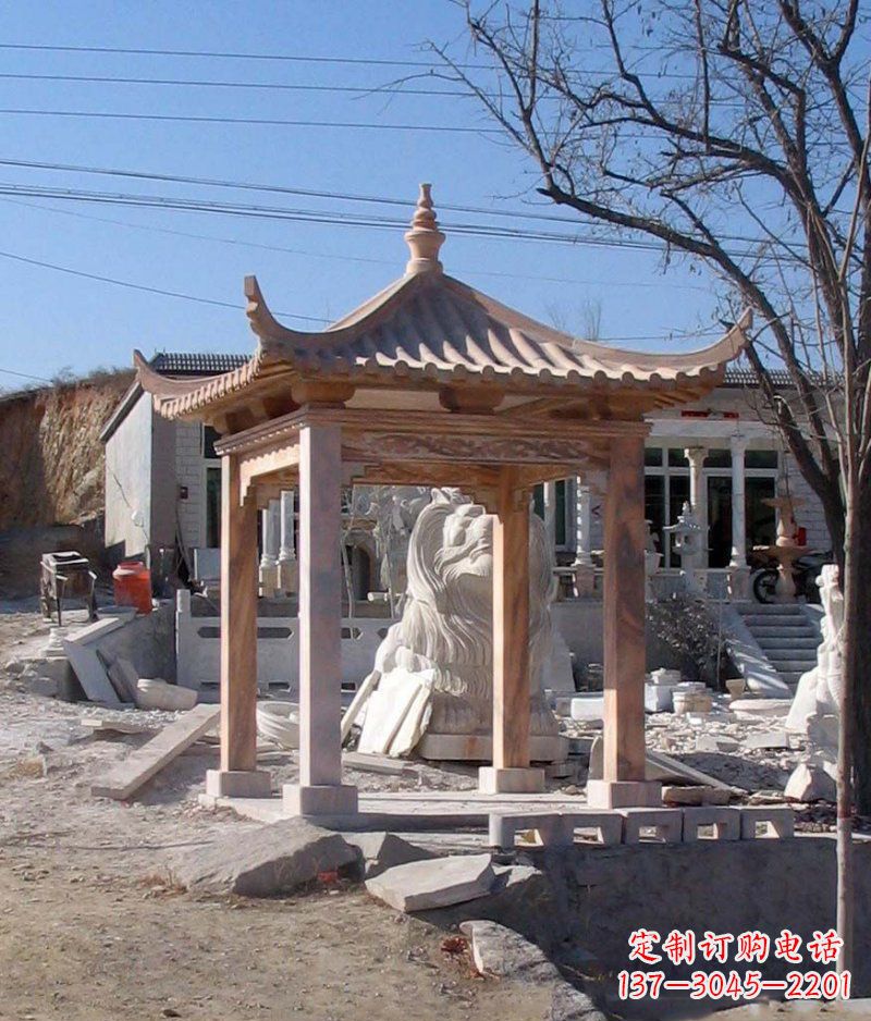 南阳晚霞红四角凉亭景观石雕