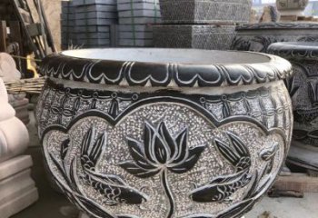 南阳青石仿古荷花水缸雕塑