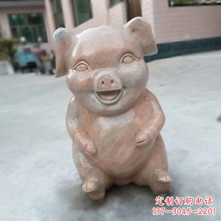 南阳喜庆的石雕猪-晚霞红大理石生肖动物雕塑