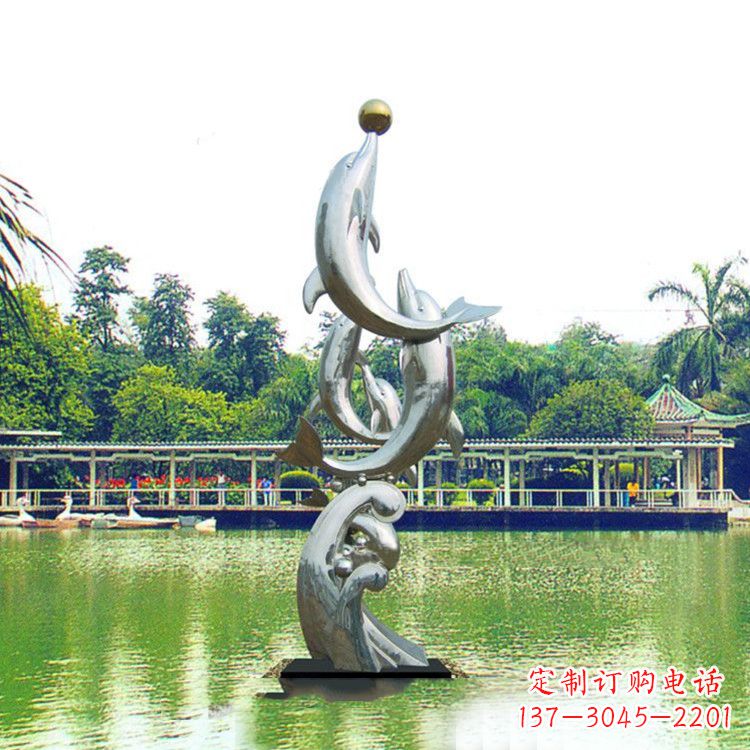 南阳戏球不锈钢海豚雕塑-园林水景动物景观