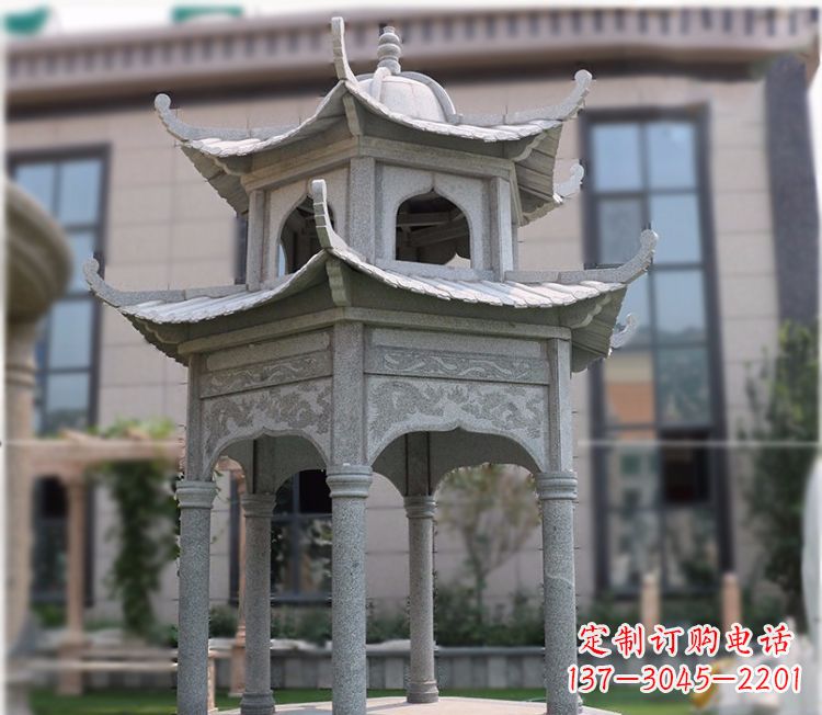 南阳小区大理石六角石雕双层凉亭