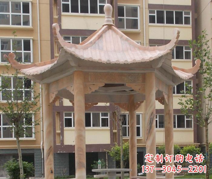 南阳小区晚霞红六角凉亭石雕