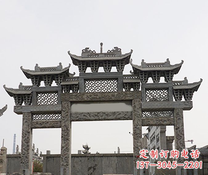 南阳园林仿古三门牌坊石雕 (4)