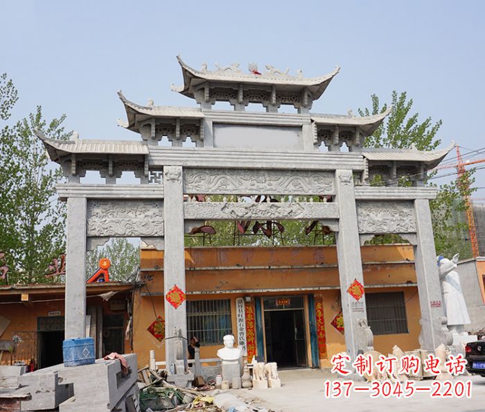 南阳园林仿古三门牌坊石雕 (5)