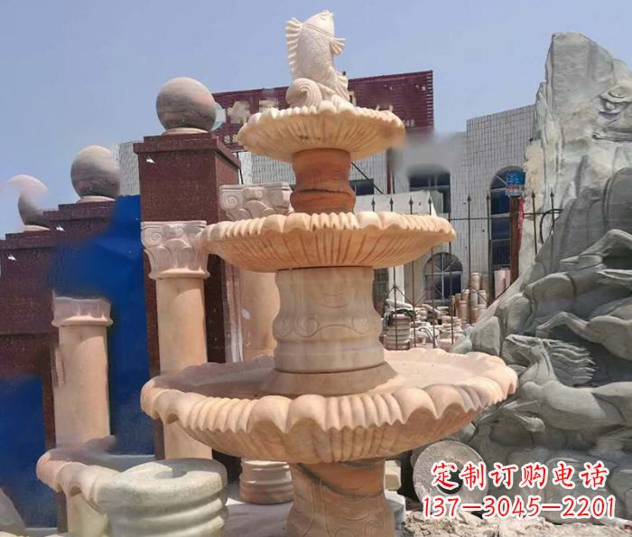 南阳园林景观晚霞红鲤鱼喷泉石雕