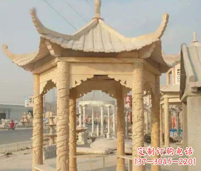 南阳园林景观晚霞红六角石雕凉亭 (3)