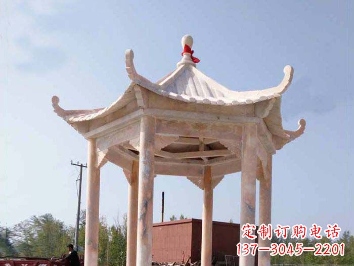 南阳园林景观晚霞红六角石雕凉亭