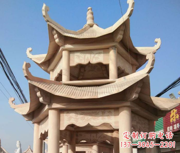 南阳园林景观晚霞红双层石雕凉亭 (2)
