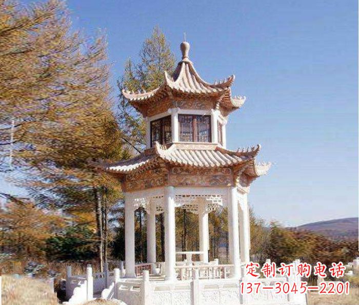 南阳园林景观晚霞红双层石雕凉亭 (3)