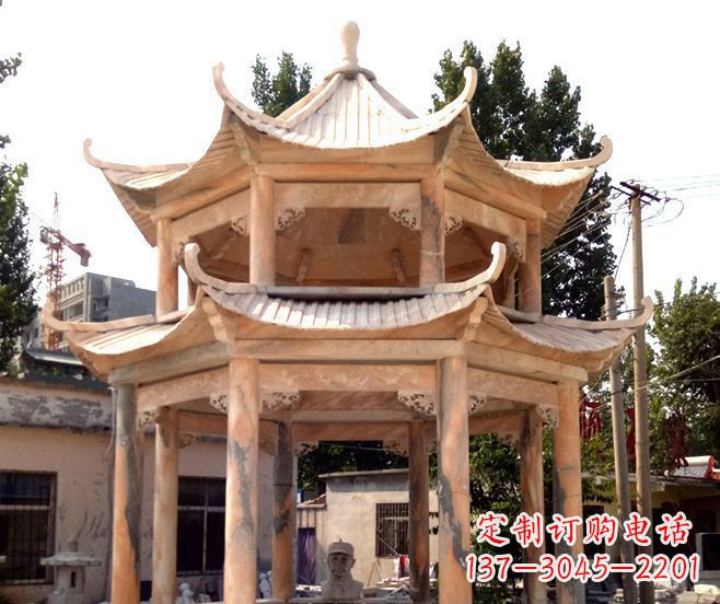 南阳园林景观晚霞红双层石雕凉亭