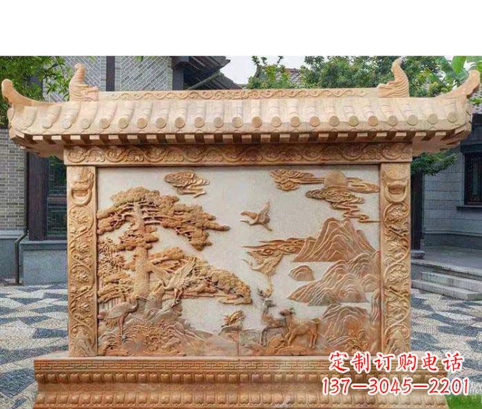 南阳园林景观晚霞红松鹤石浮雕影壁