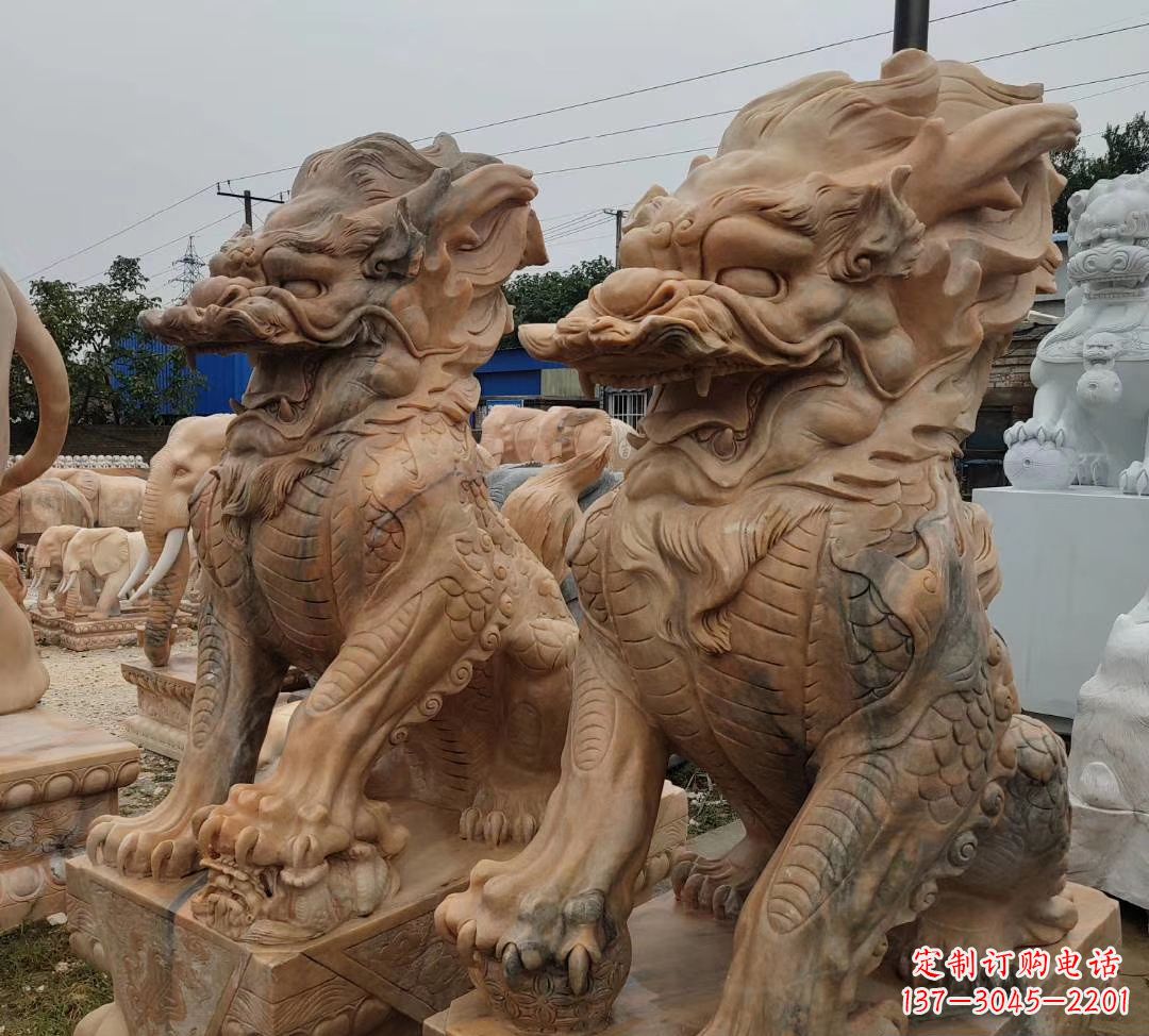 南阳园林晚霞红古代招财神兽麒麟石雕