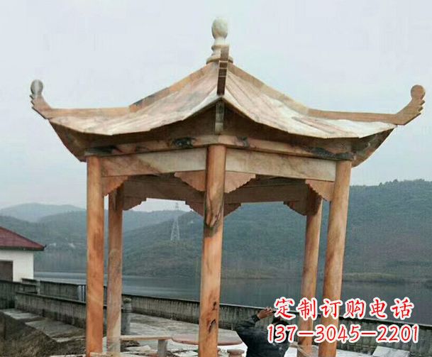 南阳园林晚霞红单层石凉亭景观石雕