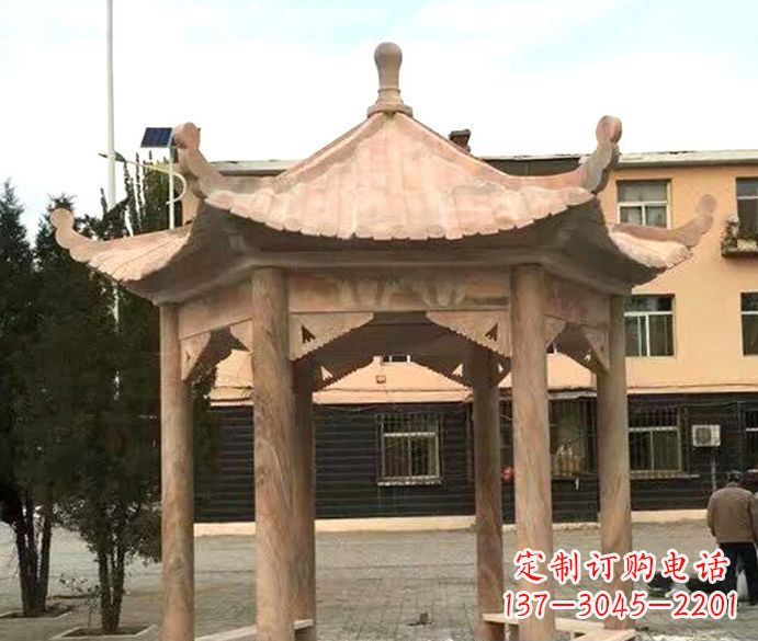 南阳园林晚霞红六角石雕凉亭