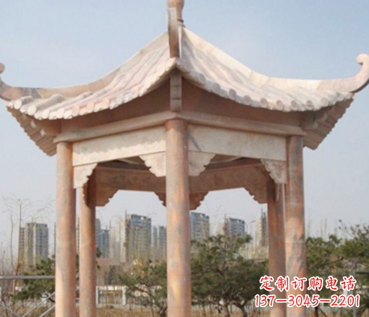 南阳园林晚霞红六角石凉亭景观石雕