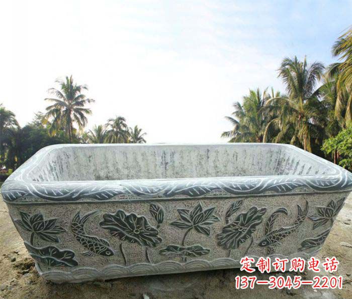 南阳长方形连年有余荷花浮雕石水缸