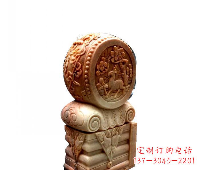 南阳招财石门墩晚霞红抱鼓石